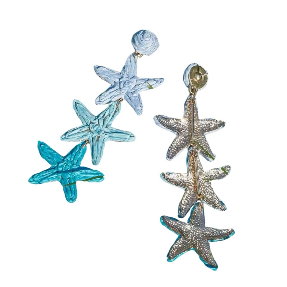 Raffia Starfish Tiered Dangle Earrings | Blue Ombre Boho Beach Tropical NWT
C3 - Picture 3 of 6